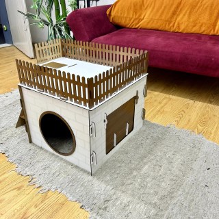 TERAS Ahşap Tavşan Evi, büyük teraslı ve sallanan kapılı, 1–2 tavşan veya chinchilla için doğal ve güvenli tasarım