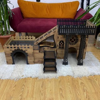 Triplex 3 katlı ahşap tavşan evi, köprüler, rampalar ve yastıklı teraslarla, 4 tavşan için iç mekan oyun alanı