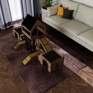 Colony 3 katlı ahşap iç mekan evcil hayvan evi, küçük köpekler, kediler ve tavşanlar için teraslı, rampalı, yastıklı ve