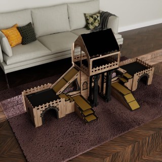 Colony 3 katlı ahşap iç mekan evcil hayvan evi, küçük köpekler, kediler ve tavşanlar için teras, rampalar, yastık ve ahşap