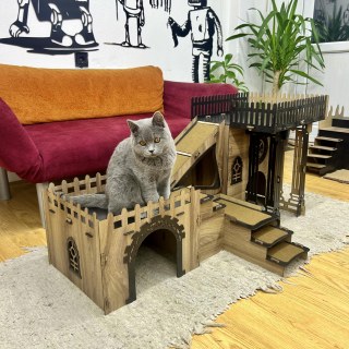 Katzenhaus Triplex mit Terrasse & Holzbrücke Modernes Katzenmöbel aus Holz Indoor Katzenbett & Schlafhaus