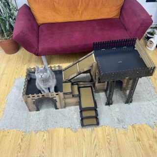 Modern üç katlı teraslı ve ahşap köprülü triplex kedi evi, iç mekan kedi yatağı ve uyku evi