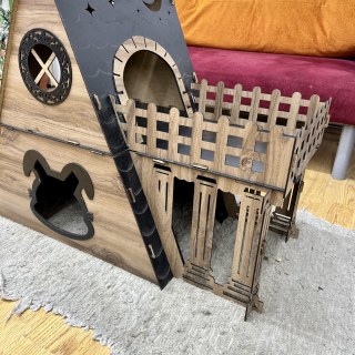 MDF'den el yapımı, sökülebilir iki katlı bungalov tavşan evi, teraslı ve yemlikli, 1-2 tavşan için uygun