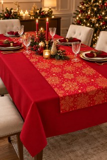 Rotes Weihnachts-Tischtuch und Schneeflocken-Runner-Set – Flüssigkeits- und Fleckenabweisendes Weihnachts-Tischset