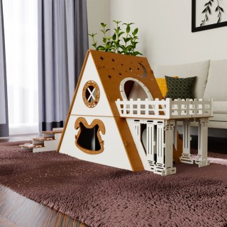 2-stöckiges Katzenhaus mit Terrasse - Katzenbungalow aus Holz für drinnen und draußen - Römersäulen-Katzenmöbel - wetterfest und komfortabel - für mehrere Katzen geeignet - görsel 2