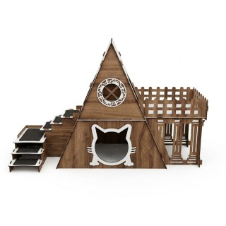 2-stöckiges Katzenhaus mit Terrasse - Katzenbungalow aus Holz für drinnen und draußen - Römersäulen-Katzenmöbel - wetterfest und komfortabel - für mehrere Katzen geeignet - görsel 7