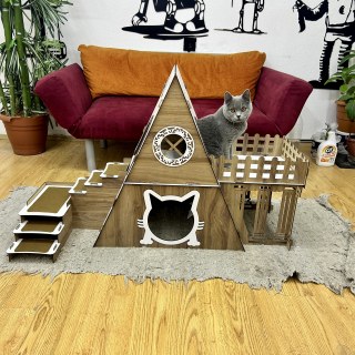 2-stöckiges Katzenhaus mit Terrasse - Katzenbungalow aus Holz für drinnen und draußen - Römersäulen-Katzenmöbel - wetterfest und komfortabel - für mehrere Katzen geeignet - görsel 8